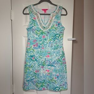Lilly Pulitzer Harper Shift Dress XS What A Lovely Place Blue Pink Pom Trim